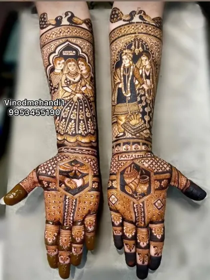 A stunningly detailed design featuring a portrait of the bride with her family on one arm and a varmala scene on the other, with intricate jaali work on the palms.