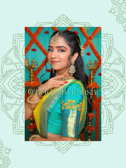 Another shot from my collaboration with a local designer. The makeup was designed to complement the vibrant turquoise and yellow saree, showing how I customize each look to the outfit.
