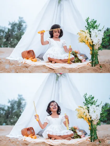 A whimsical beach setup with a teepee tent provides a perfect backdrop for this little girl's playful spirit. These styled elements add a touch of magic to children's photography sessions without feeling forced.