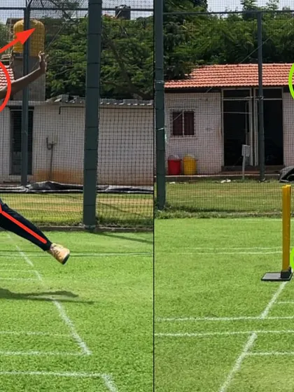 This angle shows the dramatic improvement in the leg spinner's body alignment. We fixed the lower body collapse and ensured the back foot landed side-on, creating a stable and powerful base for release.