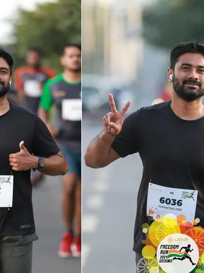 A collage of a runner enjoying the Freedom Run, giving a thumbs-up and a peace sign to the camera.