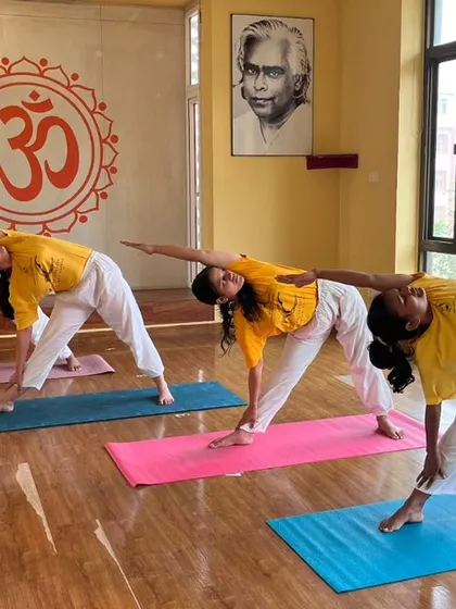 A view from our weekend beginner course, showing students learning the foundational standing poses with focus and dedication.