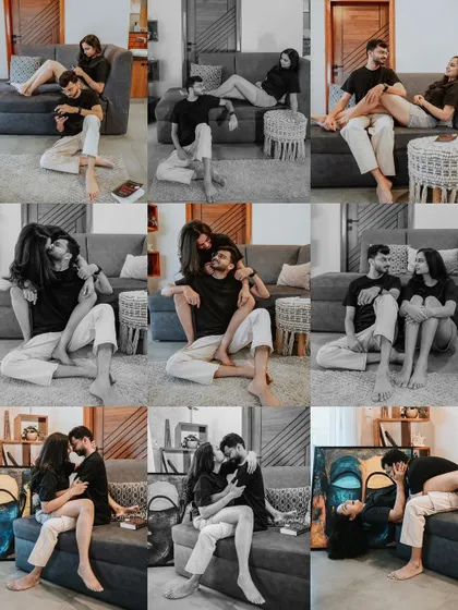 A nine-image grid of black and white photos, showcasing the full range of playful and romantic moments from their cozy indoor session.