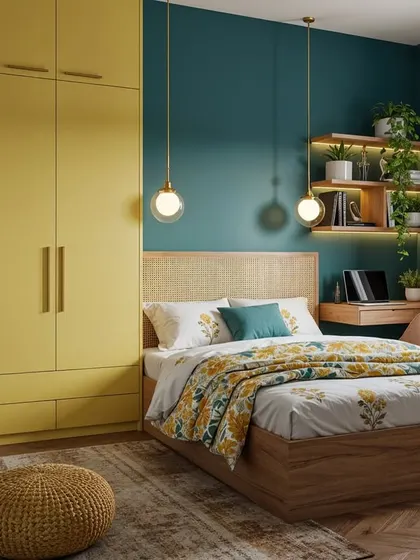 This design concept plays with a bold combination of butter yellow and teal. The bright yellow wardrobe stands out against the deep teal wall, creating a vibrant, energetic space that is full of personality.