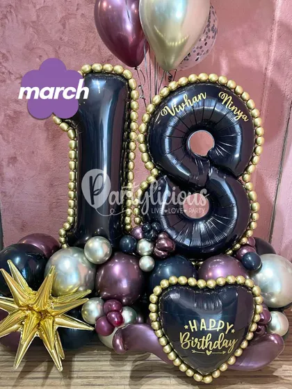 A dramatic and stylish 18th birthday balloon bouquet in black, silver, and purple, perfect for celebrating a major milestone.