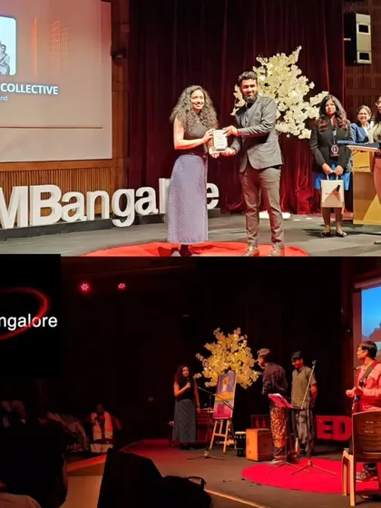 A collage capturing the highlights from the TEDx IIM Bangalore event. The top image shows me receiving an award, and the bottom shows the full stage setup with the band during my live painting performance.