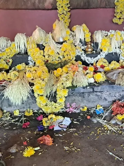 The seven stone idols at the Mitileshwara temple, said to represent the Pandavas and Lord Shiva.