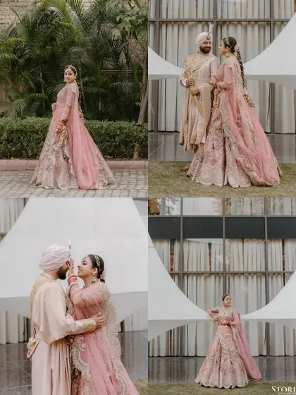 A collection of portraits of Sagar and Riya, capturing their loving interactions and elegant wedding outfits.