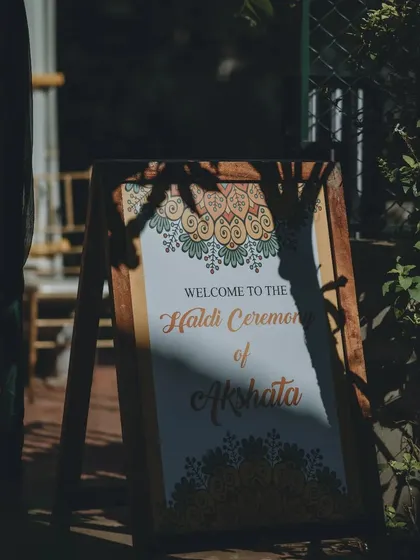 A beautifully designed welcome sign for a Haldi ceremony. The traditional mandala art and warm colors set the perfect tone for this auspicious and fun-filled event.