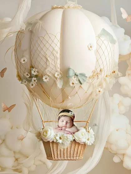 A dreamy newborn portrait featuring a baby sleeping peacefully in a miniature hot air balloon basket, surrounded by soft, cloud-like props. This fine art newborn photography showcases my love for creating magical, imaginative scenes.