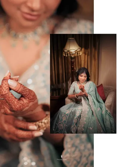 A creative collage focusing on the bride's hands, adorned with henna and a bracelet, during her engagement. I believe in capturing the small, beautiful details.
