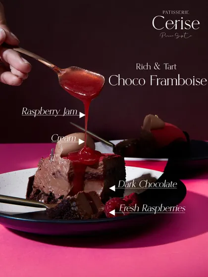 A diagram of the Choco Framboise, showing how the raspberry jam, cream, dark chocolate, and fresh raspberries come together for a rich and tart experience.