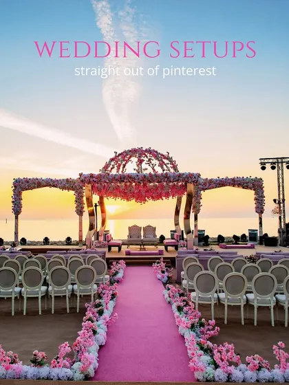 A stunning beachside mandap at sunset, featured in a collage of "Pinterest-worthy" wedding setups, highlighting our expertise in creating dream destination weddings.