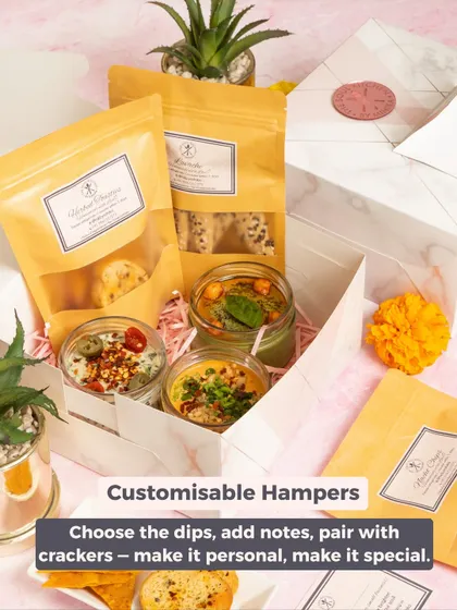 Customisation is key. This image highlights how you can create a personal and special gift by choosing your favourite dips, pairing them with crackers, and adding a note.