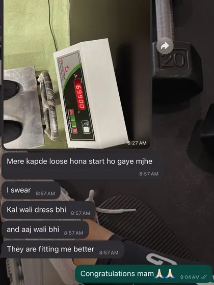"Mere kapde loose hona start ho gaye." This client started noticing her clothes fitting better and feeling great in her outfits, a sure sign of real progress and inch loss.