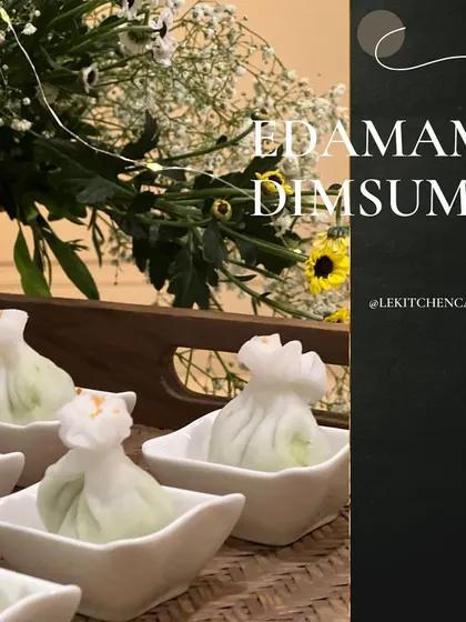 Delicate Edamame Dimsum, shaped like money bags and served in individual ceramic boats, a favorite from our Pan-Asian menu.