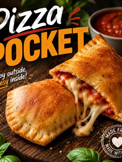 A cut-open pizza pocket shows its filling in this display of the cheesy savoury snack we offer for party food.
