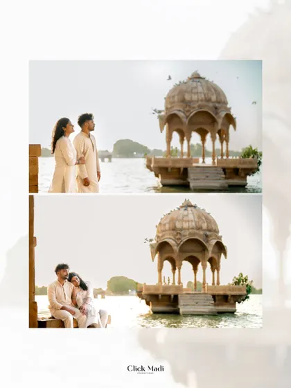 Two romantic portraits set against the iconic Gadisar Lake in Rajasthan, showing both a thoughtful gaze into the distance and an intimate, tender moment.