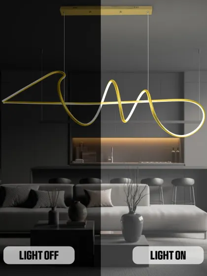 This image shows the Skylar chandelier's form, beautiful even when off. When lit, it provides a continuous, warm glow that highlights its sculptural quality.