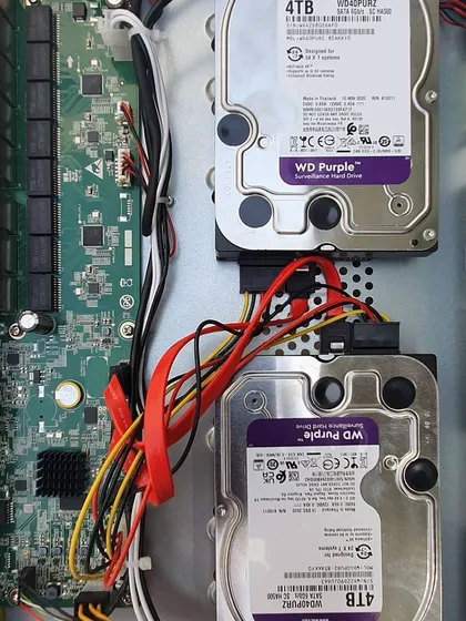 Inside the NVR, I use high-capacity WD Purple surveillance hard drives. These are specially designed for 24/7 recording and are very reliable.