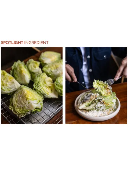 A spotlight on the key ingredient: crisp, fresh iceberg lettuce. On the right, you see the finished Manor Caesar salad, showing how a simple ingredient can be transformed into a delicious and satisfying dish.