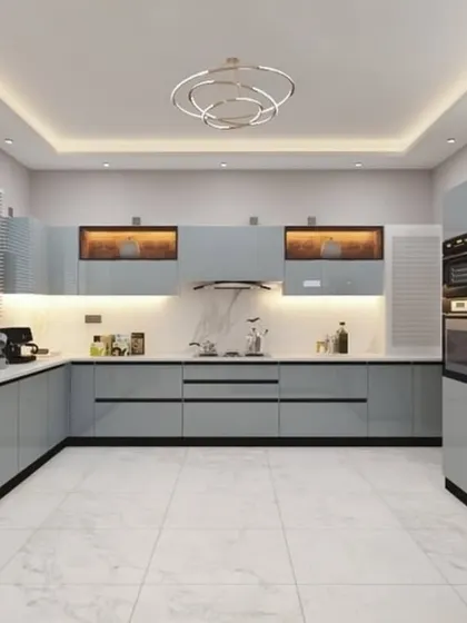 A different perspective of the blue kitchen concept, highlighting the placement of the refrigerator and the flow of the space.