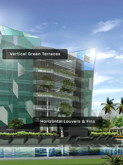 This render showcases the vertical green terraces and horizontal louvers designed for the building. These features provide passive cooling and sun shading, demonstrating our commitment to climate-responsive architecture.