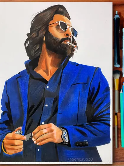 A colored pencil portrait of Ranbir Kapoor in his "Animal" look. This A4 drawing captures the rugged and intense character he played in the film.