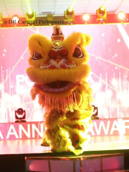 A close up of our yellow Chinese Lion on stage at an anniversary awards show. The intricate details of the costume and the expressive face of the lion are a testament to the quality of our performance.