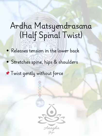 Ardha Matsyendrasana (Half Spinal Twist) is another effective pose for releasing tension in the lower back and stretching the spine, hips, and shoulders.
