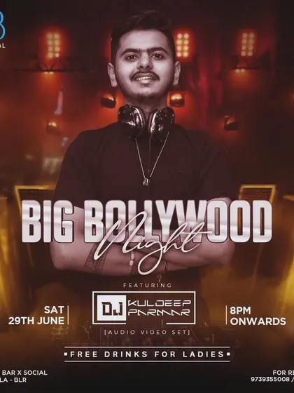 A flyer for a 'Big Bollywood Night' at Boomrang Bar. These regular weekend nights are all about delivering high-energy audio-video sets for the city's party crowd.