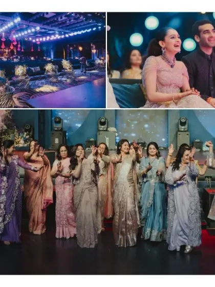 A collage showing the different facets of a Sangeet night: the lavish decor, the couple enjoying the show, and the family taking over the dance floor.