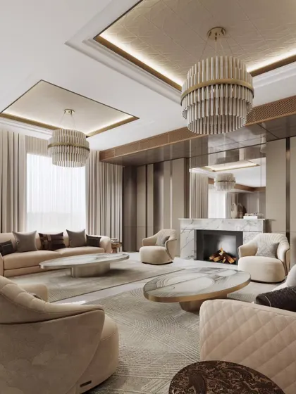 An alternate view of the grand living room, this render provides a different perspective on the spacious layout and symmetrical design. It highlights the dual chandeliers and the elegant arrangement of the seating areas.