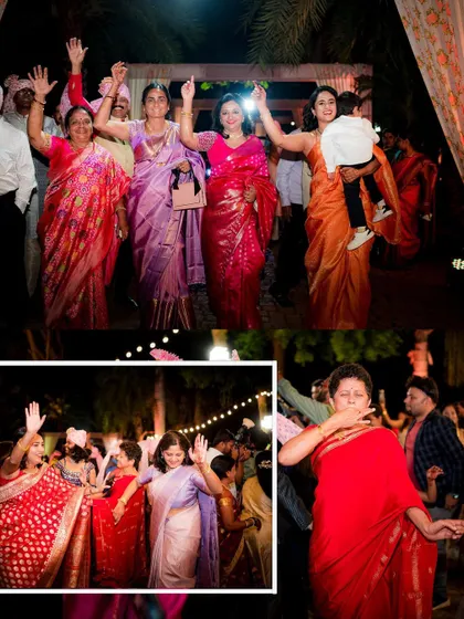 The bride's family and friends dancing with joy during the Baraat. We make sure to capture the celebration from every angle, including the enthusiastic guests.