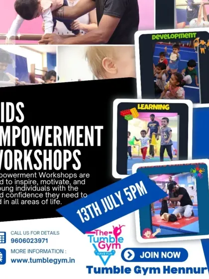This poster details our Kids Empowerment Workshops, designed to inspire, motivate, and equip young individuals with the confidence they need to succeed. The event includes sessions on development, learning, and fun activities.