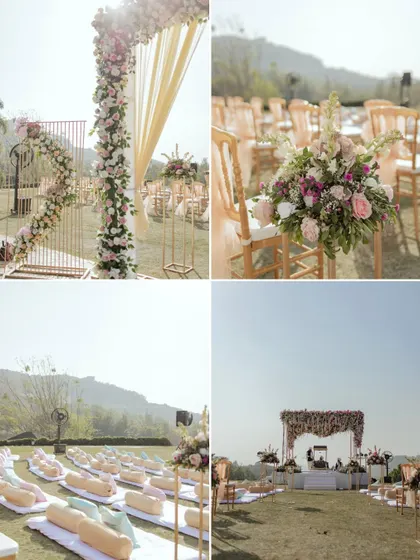 A collage of the stunning floral decor at a sunny, outdoor wedding. The pastel theme and elegant arrangements created a dreamy atmosphere for the ceremony.