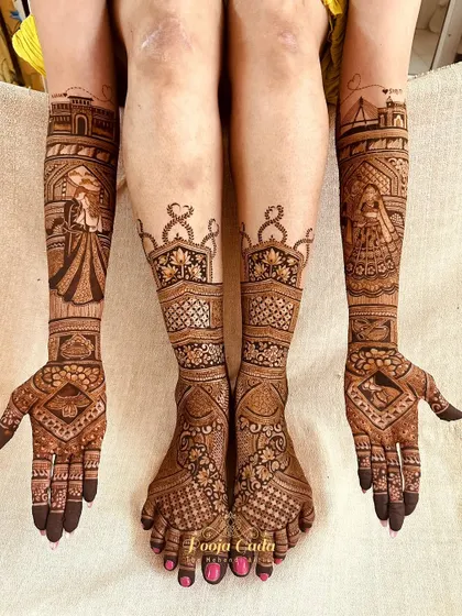 The complete bridal look for our San Francisco bride, with elegant floral and geometric patterns on the feet.