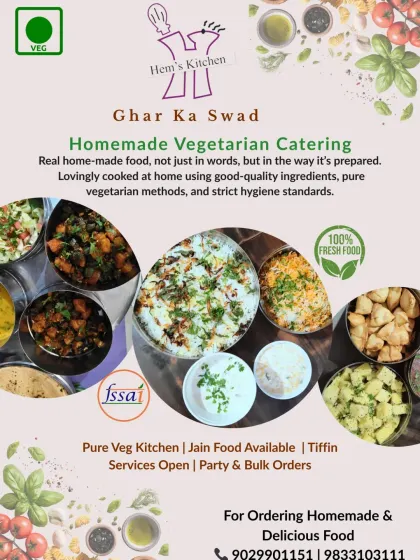 My promise to you is simple: real homemade food, prepared with the best ingredients and the highest standards of hygiene. I offer pure vegetarian catering for house parties, poojas, and office gatherings. If you have special dietary needs, I can also prepare dedicated Jain food. This is food that tastes like it came from a mother's kitchen, because it did.