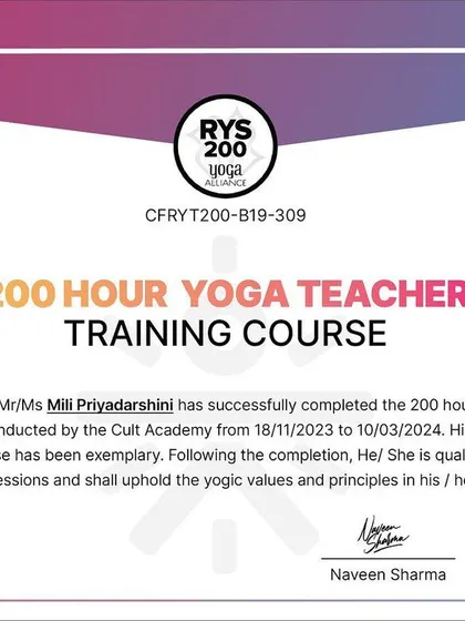 A duplicate of my 200-hour certification. My dedication during the course was exemplary, and I am qualified to deliver independent yoga sessions.