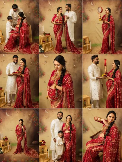 A collage of beautiful moments from a Karva Chauth themed maternity shoot. It showcases a variety of solo, couple, and family poses in a stunning red bandhani saree.