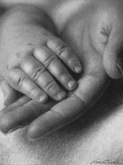 Titled "Care," this is a drawing of a baby's hand resting in an adult's. This piece was featured in the Mazda Art Calendar for 2025.