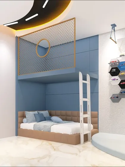 A futuristic kids' room designed to ignite imagination, featuring a loft bed with a safety net and a unique hexagonal shelf display for toy cars.