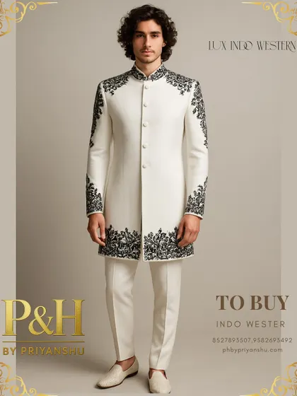 The full view of the white and black embroidered Indo-Western suit, a perfect choice for a summer wedding or a statement reception look.