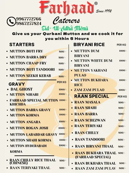 Our special menu for Eid-ul-Adha. We offer a unique service where you can give us your Qurbani Mutton, and we will cook it into delicious dishes like Mutton Dum Biryani, Seekh Kebabs, or Raan Masala for your family feast.