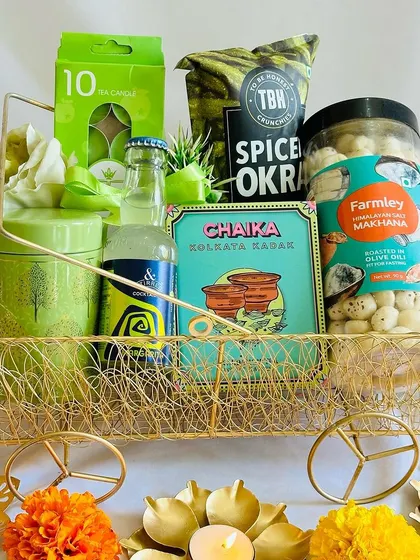 Another angle of the green-themed Diwali cart hamper, showcasing the thoughtful curation of products.