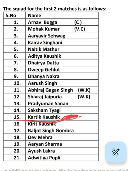 Another one of our young talents, Kartik Kaushik, selected for the U-16 Vijay Merchant Trophy to represent Delhi.