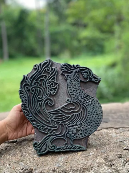 The peacock motif is celebrated throughout our vintage archive. As Bangalore revels in the monsoon, we celebrate this beautiful bird, which has been depicted in hundreds of styles on our blocks over the decades.