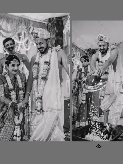 A black and white collage showing the solemn and beautiful rituals of a traditional wedding ceremony.
