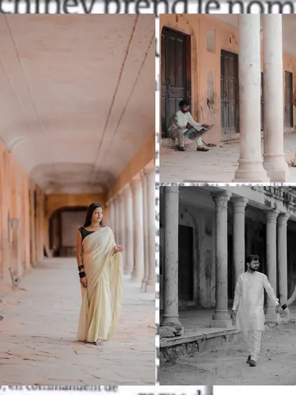This collage captures a vintage aesthetic, with the couple exploring the weathered but beautiful corridors of an old Jaipur building.