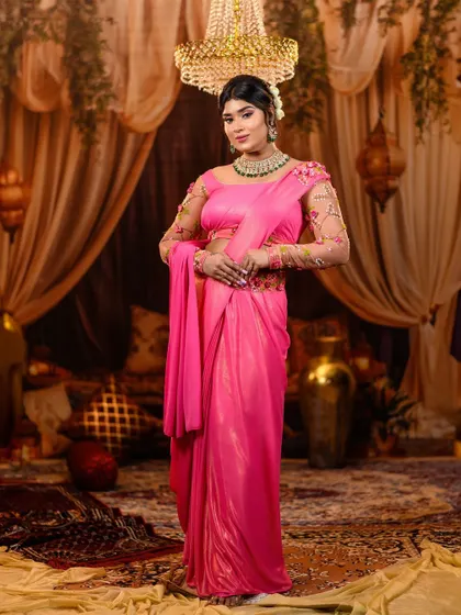 The complete 'Shantipriya' look from 'Om Shanti Om', set against a luxurious backdrop to evoke the grandeur of classic Bollywood cinema.